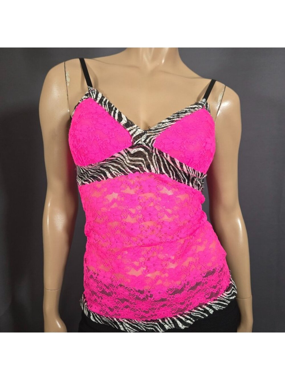 Vintage Y2K Neon Pink Lace Camisole Tank Top Zebra Print Trim Mcbling Scene Sz M